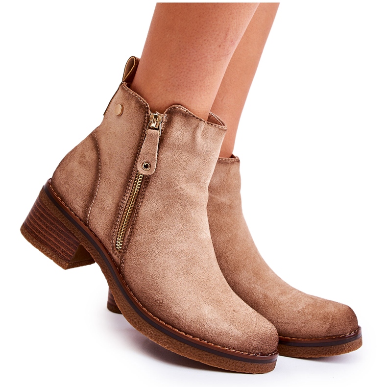 Zamszowe Botki Na Niskim Słupku Beżowe Laurisa beżowy