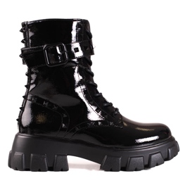 Lakierowane workery damskie Shelovet czarne z ćwiekami