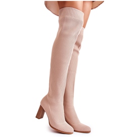 Prążkowane Klasyczne Kozaki Na Obcasie Beżowe Laossi beżowy