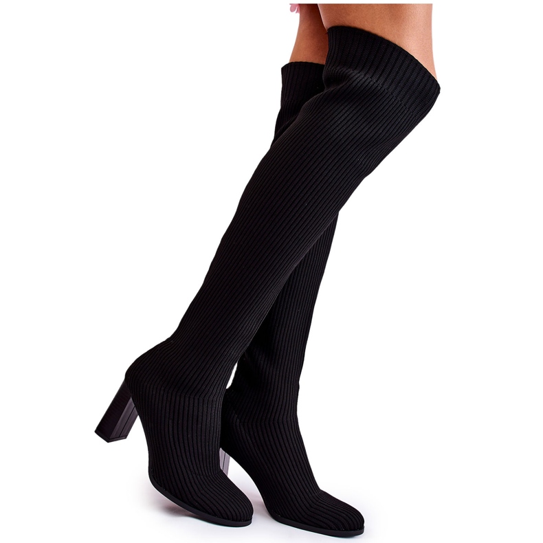 PS1 Prążkowane Klasyczne Kozaki Na Obcasie Czarne Laossi