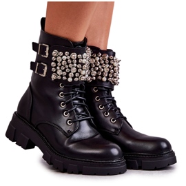 PG1 Damskie Botki Z Ozdobami Wiązane Czarne Leonese