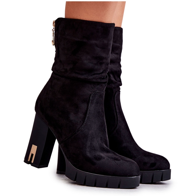 PG1 Zamszowe Wysokie Botki Na Słupku Czarne Volter