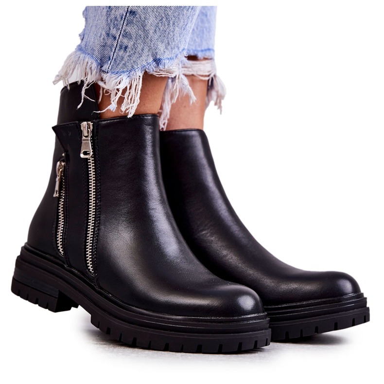 PG1 Damskie Skórzane Botki Na Suwak Czarne Navarra