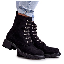 PG1 Zamszowe Botki Z Ozdobnymi Paskami Czarne Malesia