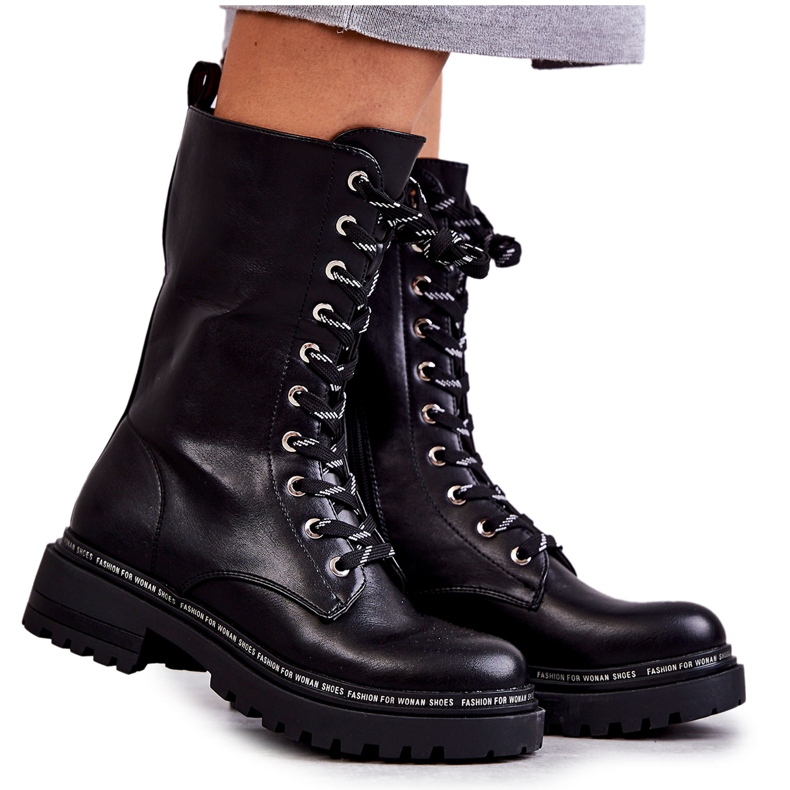 PG1 Wysokie Ocieplane Damskie Botki Wiązane Czarne Darla