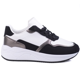 Sneakersy damskie Shelovet czarno białe ze srebrną wstawką czarne