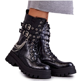 PG1 Wysokie Workery Botki Z Łańcuchem Wężowe Czarne Montero