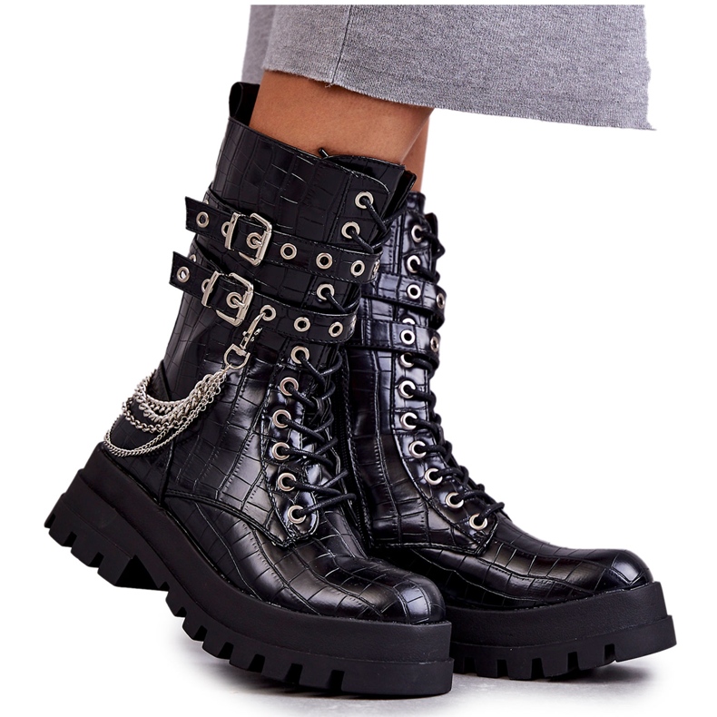 PG1 Wysokie Workery Botki Z Łańcuchem Wężowe Czarne Montero