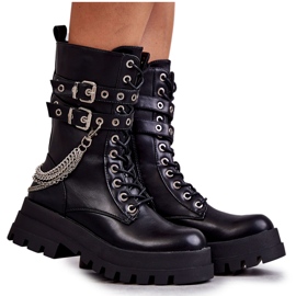 PG1 Wysokie Workery Botki Z Łańcuchem Czarne Montero