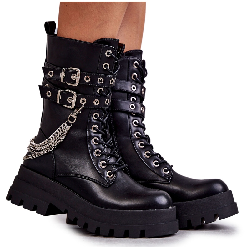 PG1 Wysokie Workery Botki Z Łańcuchem Czarne Montero