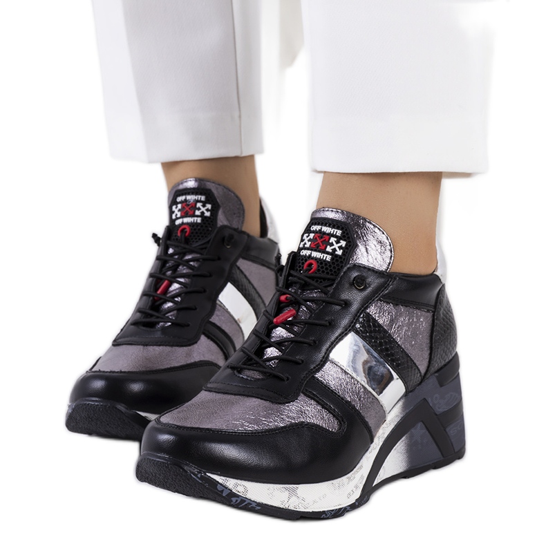 Czarno-metaliczne sneakersy na koturnie Ifruf czarne srebrny