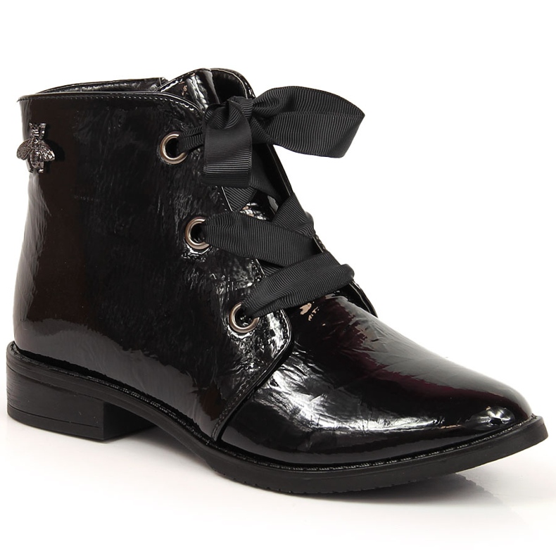 M. DASZYŃSKI Lakierowane botki damskie ocieplane czarne Daszyński SAN5A