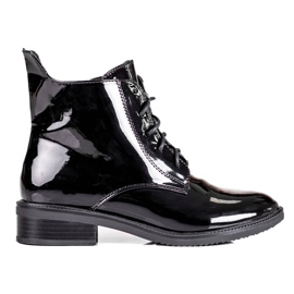 Eleganckie sznurowane botki damskie Shelovet z lakierowanej skóry ekologicznej czarne