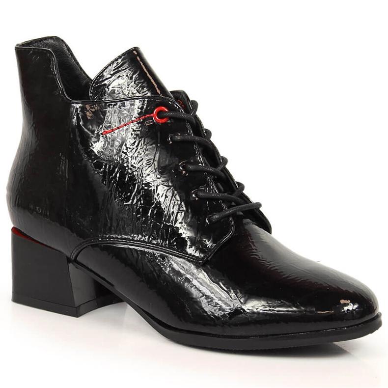 Botki damskie lakierowane na klocku ocieplane czarne Jezzi JEZ371