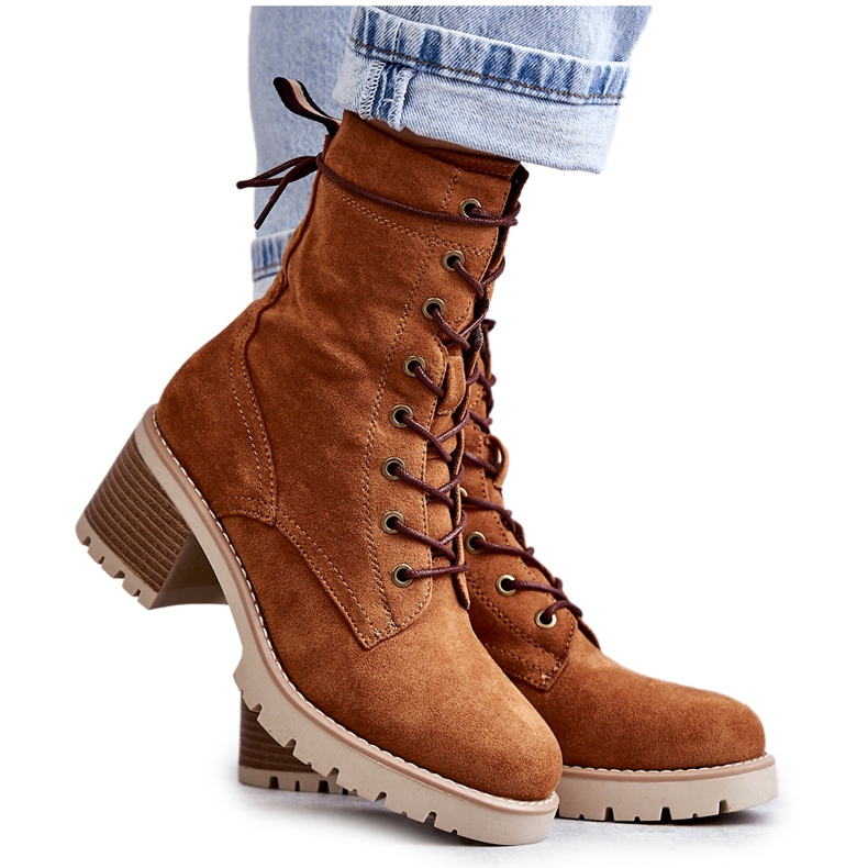 Damskie Ocieplane Botki Trapery Na Obcasie Camel Julieta brązowe