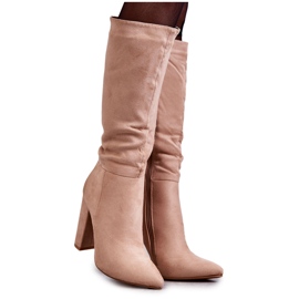 Klasyczne Zamszowe Kozaki Na Obcasie Ciemnobeżowe Tressa brązowe