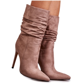 Damskie Marszczone Botki Kozaki Brązowe Laguna beżowy