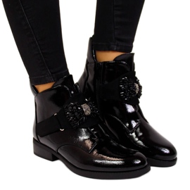 Botki damskie ocieplane lakierowane z kokardką czarne S.Barski