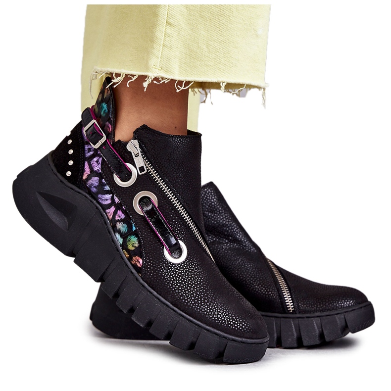 Skórzane Botki Maciejka Z Cętkami 05660-20 Czarne wielokolorowe