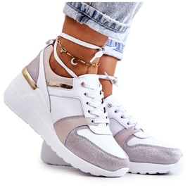 S.Barski Skórzane Buty Sportowe Na Koturnie Biało-Szare Rayana białe