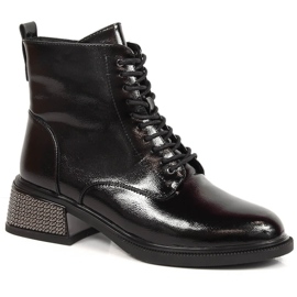 Lakierowane botki damskie na ozdobnym obcasie ocieplane czarne Filippo