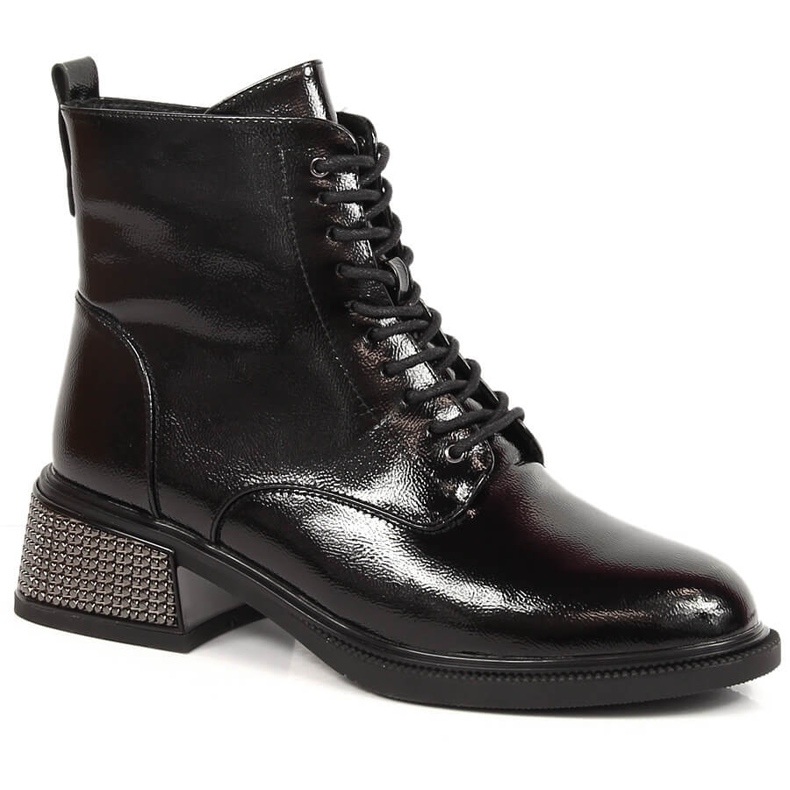 Lakierowane botki damskie na ozdobnym obcasie ocieplane czarne Filippo