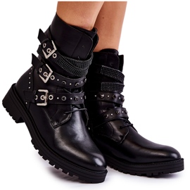 PG1 Damskie Ocieplane Botki Z Paskami Gładkie Czarne Lamberta