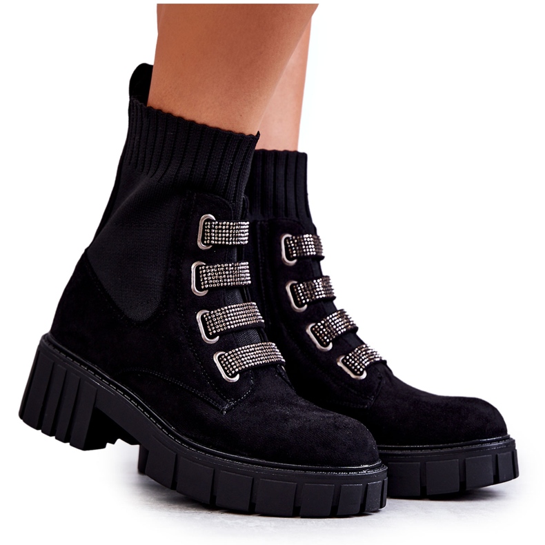 Seastar Zamszowe Wsuwane Botki Skarpetkowe Czarne z Cyrkoniami