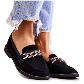 FB2 Damskie Zamszowe Mokasyny Z Łańcuszkiem Czarne Nolie