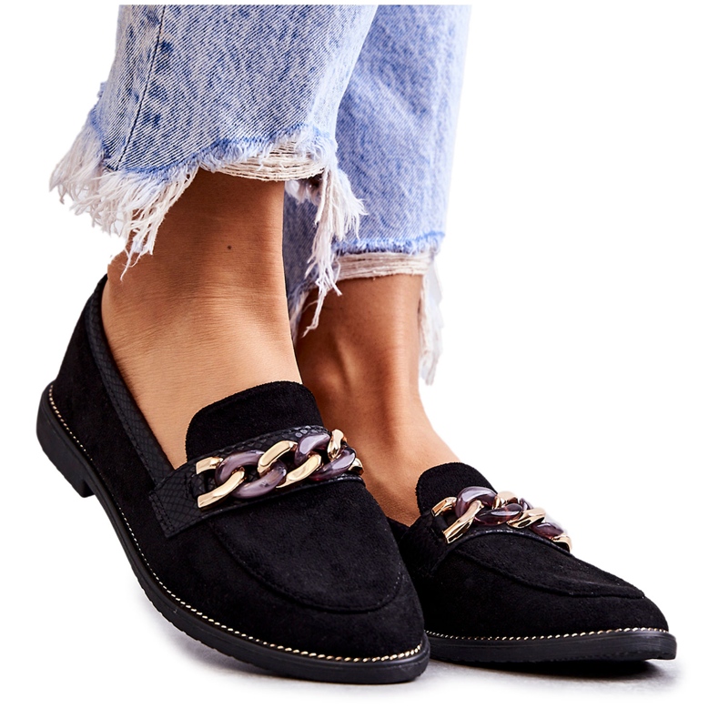 FB2 Damskie Zamszowe Mokasyny Z Łańcuszkiem Czarne Nolie