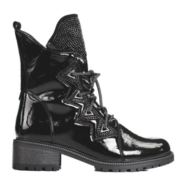 Lakierowane botki damskie z kryształkami Shelovet czarne