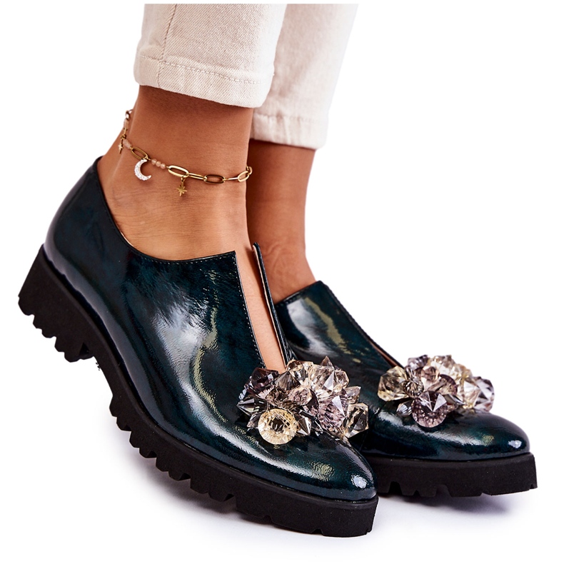 Eleganckie Lakierowane Półbuty Z Ozdobą Ciemnozielone Cindy