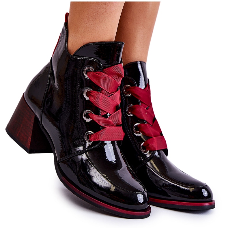 Vinceza Lakierowane Ocieplane Botki Sznurowane Czarne Tove