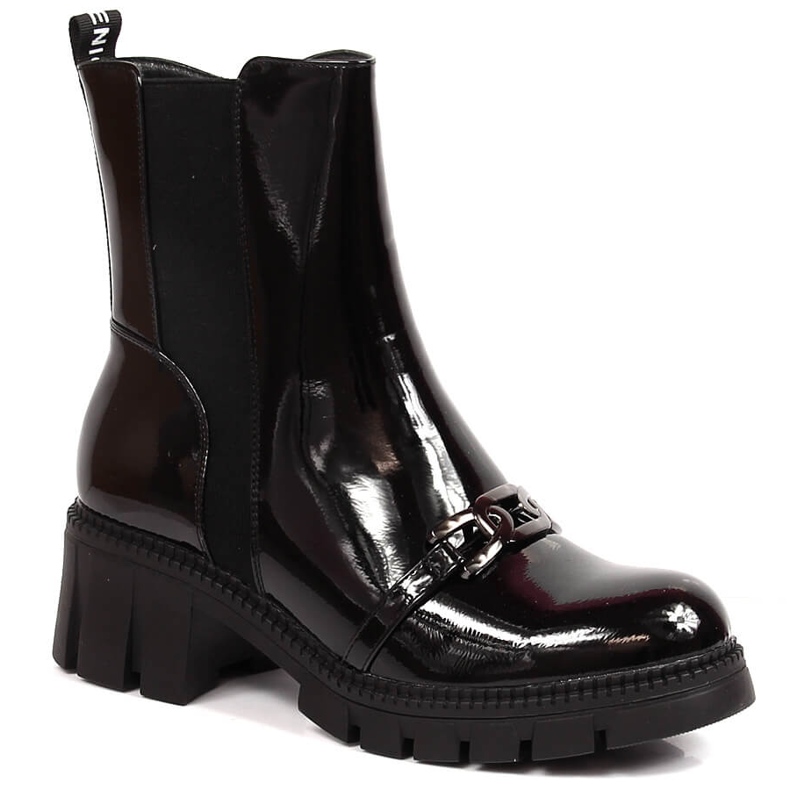 Botki lakierowane na klocku i platformie z łańcuchem ocieplane czarne Potocki