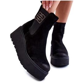 PL5 Damskie Zamszowe Botki Na Masywnej Platformie Czarne Savira