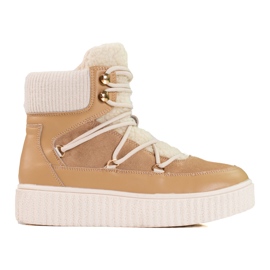 Beżowe skórzane śniegowce damskie Shelovet na platformie beżowy brązowe