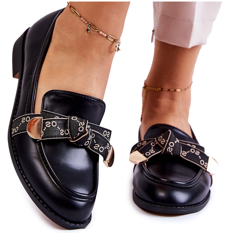 WS1 Damskie Skórzane Mokasyny Z Kokardą Czarne Dayes