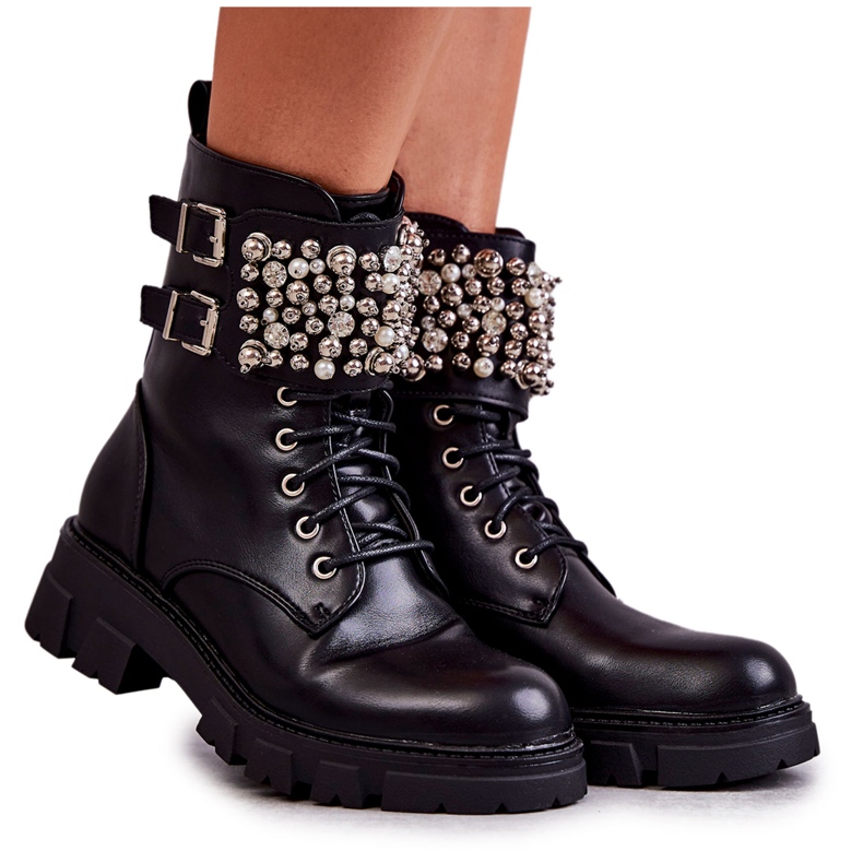 PG1 Damskie Botki Z Ozdobami Wiązane Czarne Leonese