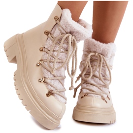 PS1 Skórzane Ocieplane Botki Trapery Jasnobeżowe Arisa beżowy