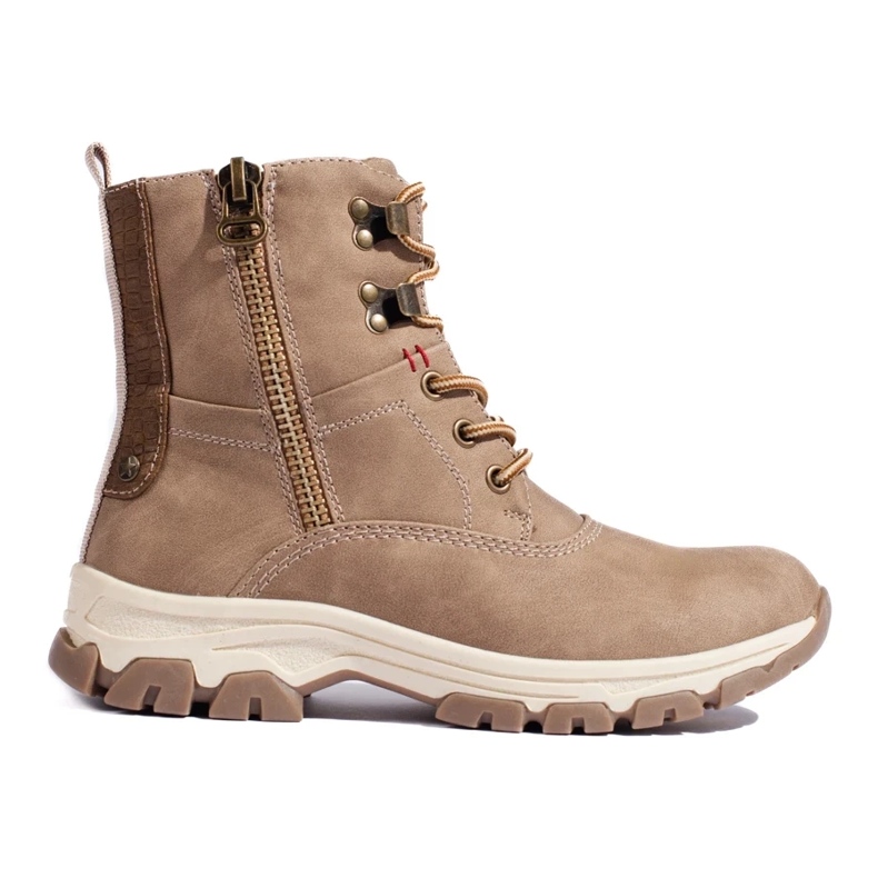 Sznurowane traperki damskie z ozdobnym suwakiem brązowe