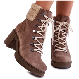 Damskie Zamszowe Botki Sznurowane Na Obcasie Brązowe Fenya