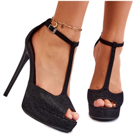 Błyszczące Sandałki Na Wysokim Obcasie Czarne Marisha