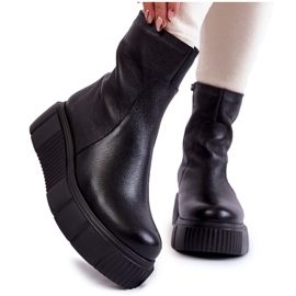 PL5 Damskie Skórzane Botki Na Platformie Czarne