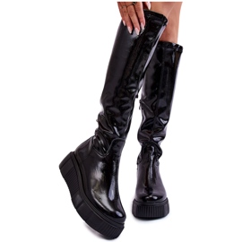 PL5 Lakierowane Kozaki DO Kolana Na Platformie Czarne Spectrum