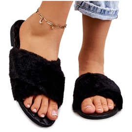 Damskie Klapki Na Płaskim Obcasie Z Futerkiem Czarne Lussie