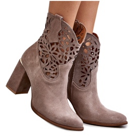 Zamszowe Ażurowe Botki Lewski Shoes 3264 Jasnobrązowe