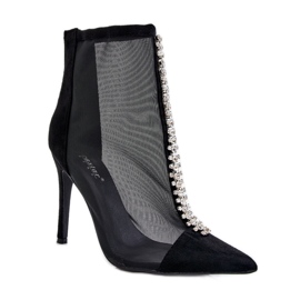 Modne Damskie Botki Na Szpilce Z Siateczką Czarne Rummi