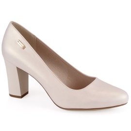 Czółenka na ozdobnym słupku beżowe perłowe Sergio Leone beżowy