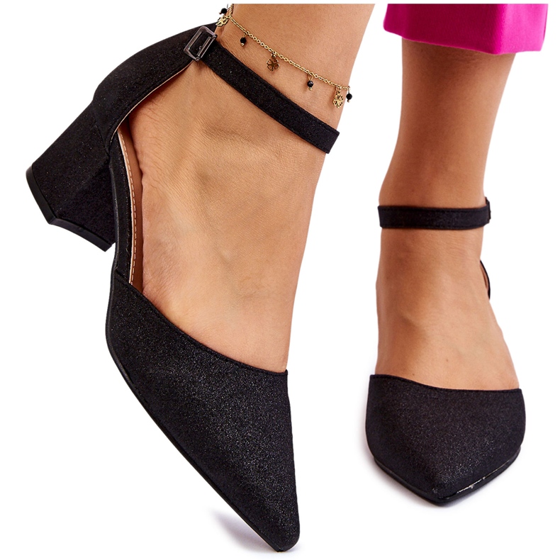 PG1 Modne Błyszczące Czółenka Na Niskim Obcasie Czarne Leilany