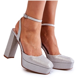 Damskie sandały brokatowe na słupku srebrne srebrny